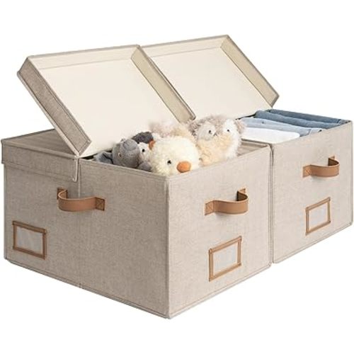 StorageWorks Large Clothes Storage Bins, Fabric Boxes with Divider Board, Baskets for Clothes, Linen Closet Organizers with Lid, Mixing of Brown & Beige, 2-Pack