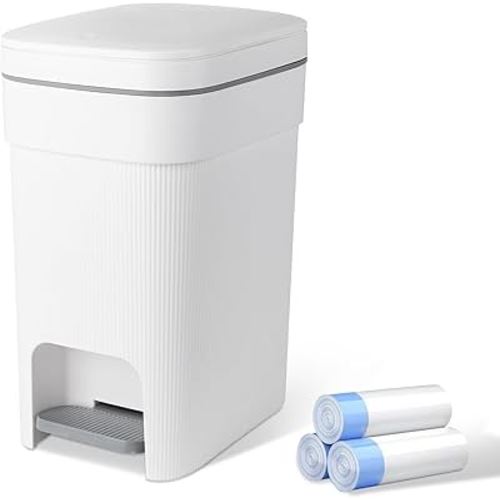 JiatuA Small Bathroom Trash Can with Lid Soft Close, 2.6 Gallon Step Garbage Can Slim Trash Bin Wastebasket for Kitchen Bedroom Office Living Room Toilet College Dorm, White