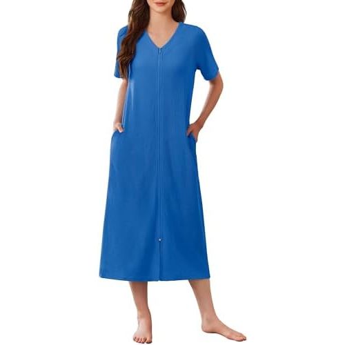 Ekouaer Zip Up Robe for Women Long Housecoat Waffle Knit Bathrobes Cozy Full Length Nightgown with Pockets S-4XL
