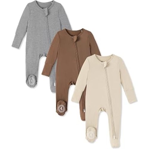 PATPAT 3 Pack Bamboo Viscose Baby Footed Pajamas with Anti-Grips, NB-2T