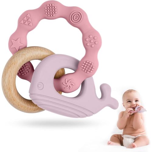 Vicloon Baby Teether Toys, Silicone & Natural Wood Teether Ring, Baby Teething Toys for Babies 0 Months, Silicone Chewable Rings for Newborn Gift（Pink）
