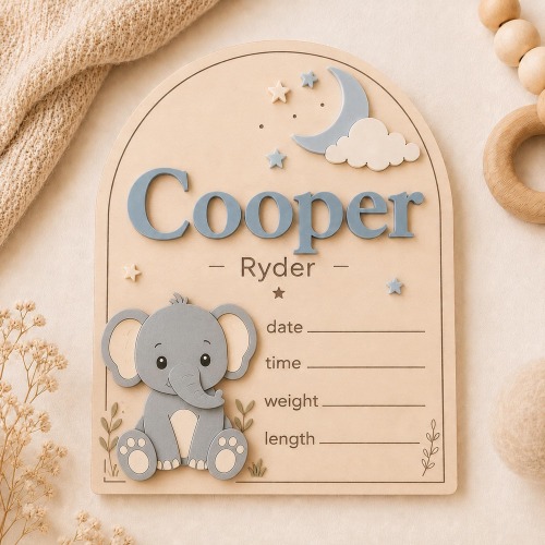 Personalized Elephant Birth Announcement Sign, Custom Wooden Baby Name Plaque, Newborn Stats Board, Nursery Keepsake Gift