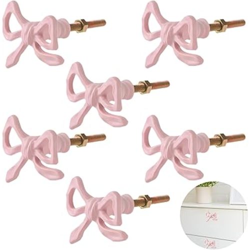 Homaisson 6 Pcs Pink Bow Dresser Knobs Pulls, Vintage Metal Cabinet Handles Drawer Hardware with Screws for Kitchen Cupboard Furniture Chest Door up to 2.2” Thick