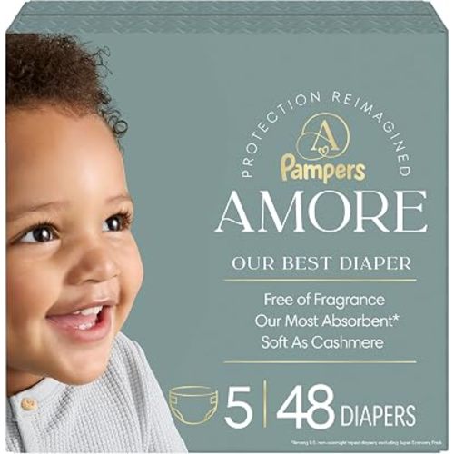 Pampers Amore, Size 5 (20-37 lbs), 48 Count, Our Best Diaper – Hypoallergenic & Fragrance Free, Up to 100% Leakproof, Soft as Cashmere