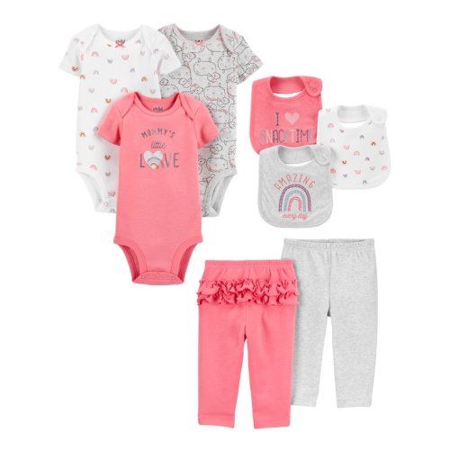 Carter's Child of Mine Baby Girls Short Sleeve Bodysuits, Pants, and Bibs Set, 8 pc set