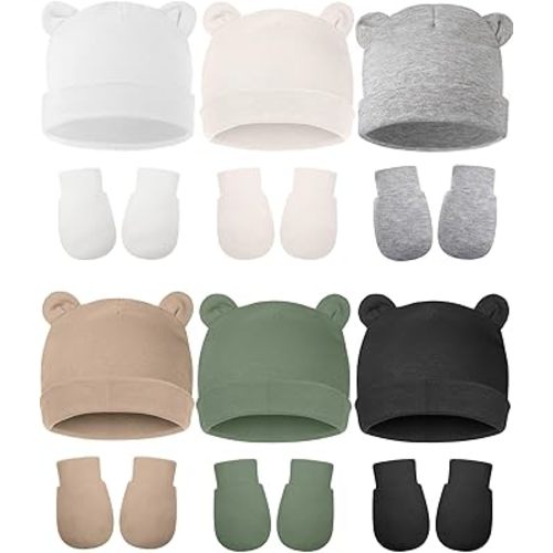 Geyoga 12 Pieces Newborn Hat Mittens Gloves Set Baby Boys Girls Cotton Baby Beanie for 0-12 Months