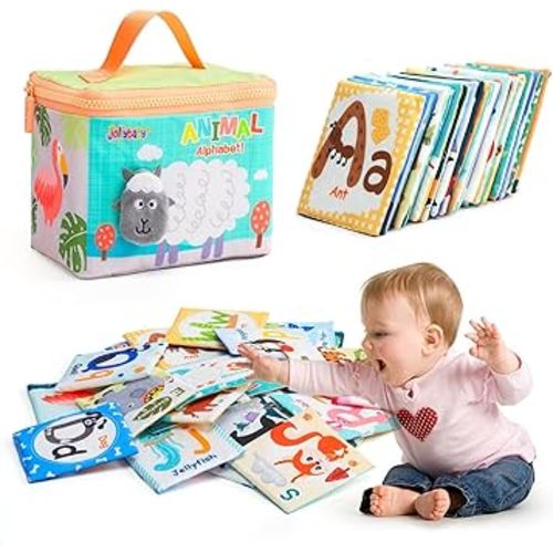 Jollybaby Reusable Soft Cloth ABC Alphabet/Letters Animal Flash Cards for Baby 0-3-6-9-12-18 Month, Curious Baby First Words Learning Activity Flashcards, Tummy Time Toy Gift for 1 Year Old Boy Girl