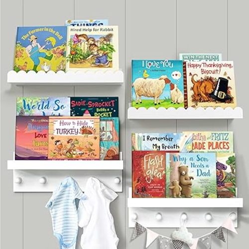Ollieroo Set of Four Floating Book Shelves for Wall, Nursery Book Shelf for Kids Room, Bamboo Wood Hanging Bookshelf for Baby Teen Boys Girls, Wall Mounted Shelves for Bedroom Bathroom Decor(Wavy)