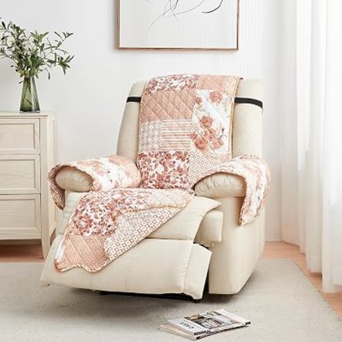 Great Bay Home Reversible Patchwork Recliner Cover - Washable Slipcover Furniture Protector with Elastic Straps - Perfect for Kids & Pets - Box-Stitched Detail (Dusty Rose)