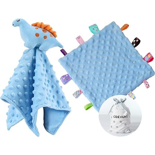 CREVENT Cozy Plush Baby Security Blanket Loveys for Baby Boys, Minky Dot Front + Sherpa Backing with Animal Face (Blue Dinosaur + Tag)