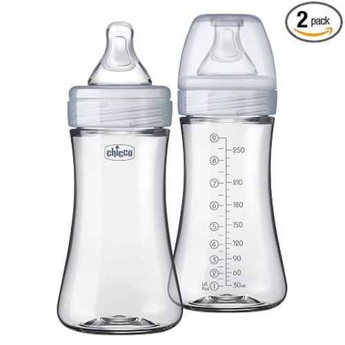 Chicco Duo Hybrid Baby Bottles, Glass Inside, Plastic Outside, 9oz, 2 Pack | Anti-colic Intui-Latch nipple, slow flow 0m+, BPA-free, made in USA, neutral color, dishwasher safe, lightweight shell