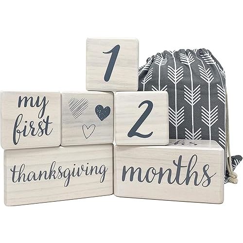 Pondering Pine Baby Milestone Blocks - Natural White Stain Pine Wood with Weeks Months Years Grade and Holidays, Newborn Weekly Monthly First Year Picture Props, 6 Block Milestones Age Set with Bag