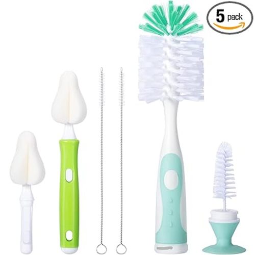 Baby Bottle Brush with One Base Hidden Nylon Nipple Cleaner, 2 Pcs Sponge Nipple Brushes, 2 Pcs Straw Brushes, Bottle Brush with Nipple Cleaner and Suction Cup (Green)