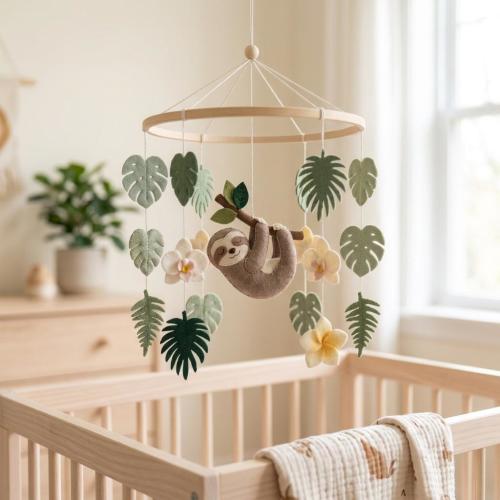 Felt Sloth Baby Mobile, Tropical Leaves Crib Decor, Nursery Shower Gift