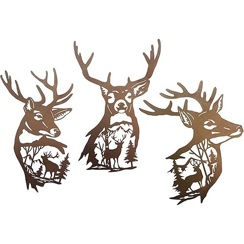 J-Fly Deer Metal Wall Art 9 Inch Deer Silhouette Wall Decor Rustic Forest Hunting Sign Woodland Outdoor Decor for Fence Patio Porch Farmhouse Indoor for Living Room Bedroom Bathroom 3 Piece Set