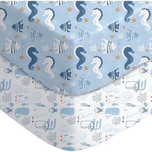 Yoofoss 2-Pack Baby Crib Sheets for Boys Girls 52x28 (Blue+Whale) | Soft & Breathable & Cozy, Fitted Crib Mattress Cover Set for Baby Bed and Toddler Mattress