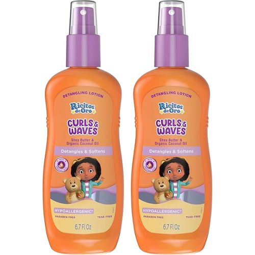 Ricitos de Oro Detangler Spray for Kids: Detangles and Softens Curls, Shea Butter insused for Soft Hair, Frizz-Free Control, Sensitive Scalps safe, Keeps Curls Bouncy and Defined, Size 6.7 Oz, 2-Pack