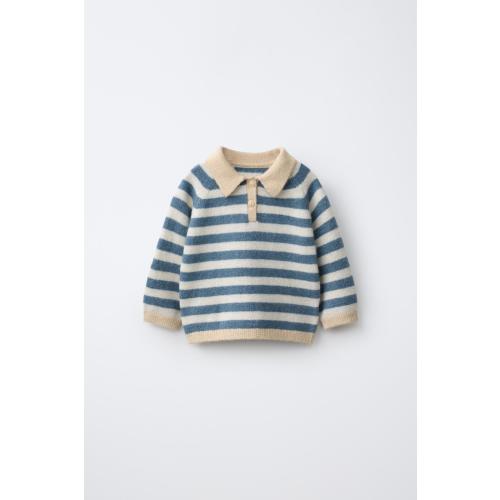 STRIPED KNIT POLO JUMPER - Mid-blue | ZARA United States