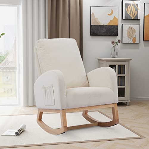 Setawix Rocking Chair for Nursery, Midcentury Modern Velvet Accent Rocker Armchair with Side Pocket, Upholstered High Back Wooden Rocking Chair for Living Room Baby Room Bedroom, Beige