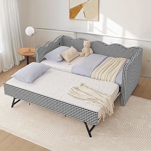Twin To King Daybed with Pop Up Trundle, Upholstered Plaid Linen Day Bed Frame with USB Ports & Wave-Shaped Backrest, Modern Sofa Bed for Living Room, Bedroom, Guest Room, No Box Spring Needed(Black)