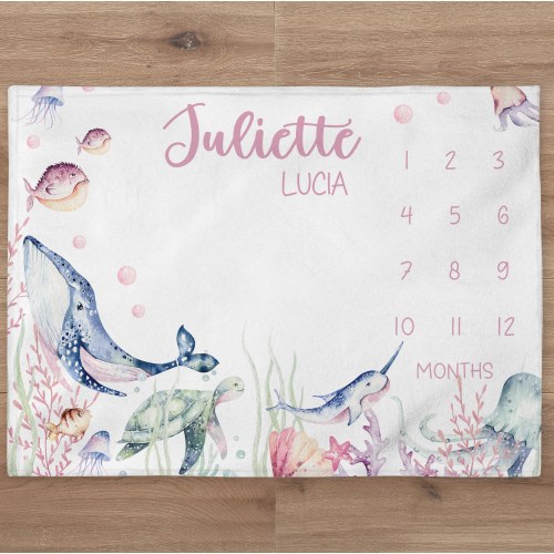 Ocean Milestone Blanket, Custom Baby Gift, Whale Blanket, Under the Sea Baby Girl Blanket, Personalized Underwater Blanket, Turtle Blanket