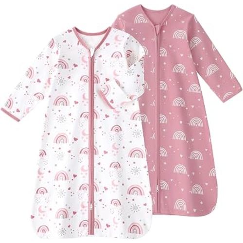 FIEMOL Baby Sleep Sack 6-12 Months, Long Sleeve Baby Wearable Blanket 0.5 Tog with Mittens, 2-Way Zipper Infant Cotton Sleeping Sack for Boy and Girl Pink Rainbow 2 Pack (Medium)