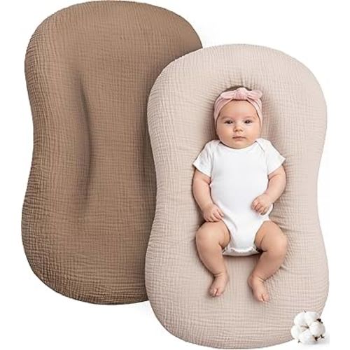 Muslin Baby Lounger Cover 2 Pack, Cotton Soft Breathable Infant Nest Slipcovers, Envelope Closure, Compatible with Snuggle Me Loungers, Machine Washable, Cover Only, for Boys Girls(Brown & Beige)