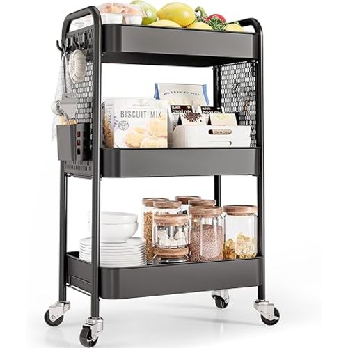 TOOLF 3 Tier Rolling Cart Storage Organizer, Metal Rolling Utility Car with Wheels, Hooks & Bins Esthetician Art Sturdy Storage with Pegboard for Bathroom, Kitchen, Office, Nursery Diaper