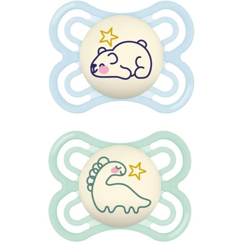 MAM Perfect Night Baby Pacifier, Patented Nipple, Glows in The Dark, 2 Pack, 0-6 Months, Boy