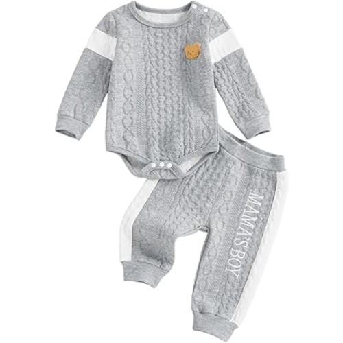 SAYOO Infant Baby Boy Clothes 3 6 12 18 Months Fall Winter Outfit Bear Romper Mama's Boy Embroidery Pants 2Pcs Tracksuit