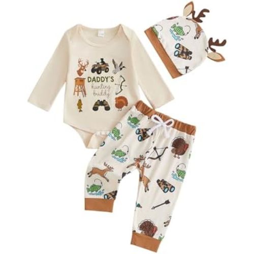 GOOCHEER Newborn Baby Boy Clothes Daddy’s Hunting Buddy Long Sleeve Romper Shirt Tops Pants Fall Winter Outfit Hat Set