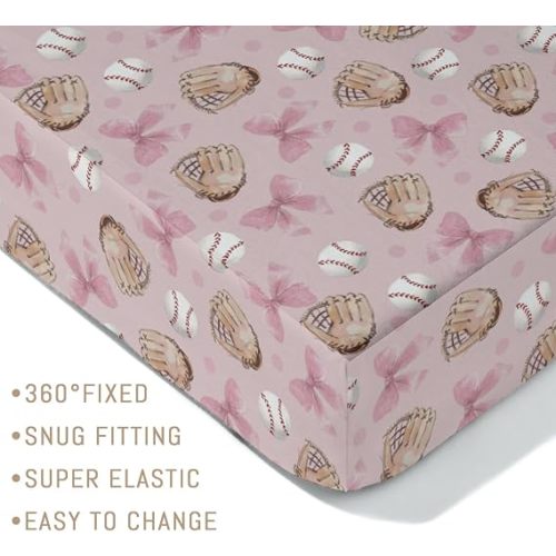 Pastel Pink Baseball Bows Baby Crib Sheets for Boys Girls Watercolor Girly Baseball Soft Snug Fitted Crib Mattress Covers for 52''x28'' Standard Crib & Toddler Mattresses Outdoor Sports Bed Sheets