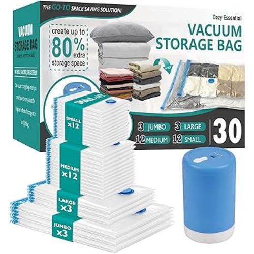 Cozy Essential 30 Pack Vacuum Storage Bags with Portable Rechargeable Wireless Electric Pump, Vacuum Seal Space Saver Bags for Clothing, Pillows, Blanket, Bedding, Comforter
