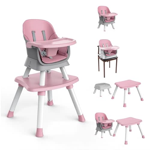 Minikins 7 in 1 High Chair, Convertible High Chairs for Babies and Toddlers, Infant Dining Booster Seat, Table and Seat Set, Removable Tray, Pink