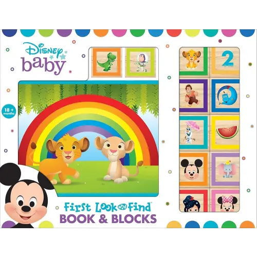 Disney Baby Mickey, Minnie Mouse, Frozen and More! - 10 Wooden Blocks and Interactive First Look and Find Board Book Set - PI Kids