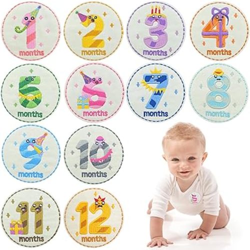 12 Pcs Monthly Milestone Iron on Patches,Baby Month Markers,Birthday Month Tracking for Photo Props, DIY Baby Clothes,Hat,Jeans,DIY