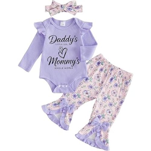 Newborn Baby Girl Outfit Hello World Romper Floral Flare Pants Set