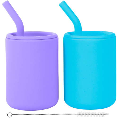 WeeSprout Silicone Baby Cups With Straws and Lids, 4 oz, Set of 2