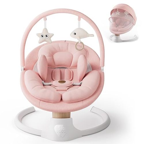 Baby Swings for Infants, FasonBaby Electric Baby Swing with 10 Preset Melodies, 5 Speeds, Remote Control and Bluetooth - Portable Infant Swing for Indoor and Outdoor(Pink)