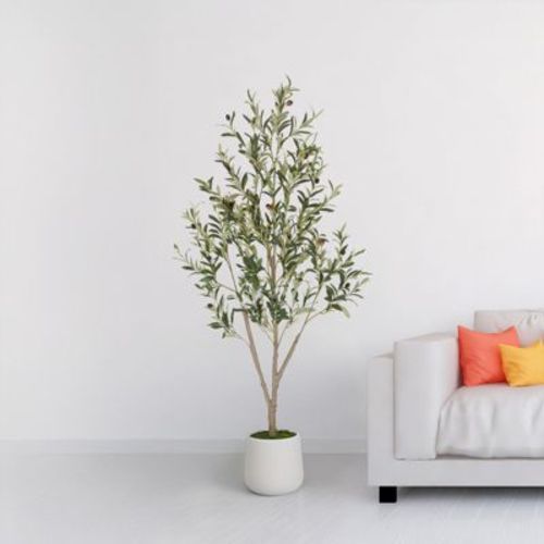 Romswi Faux Olive Tree with Oval White Planter, 5 FT Tall Faux Olive Trees, with Natural Wood Trunk Lifelike Fruits, Fake Greenry Plant for Home Decor