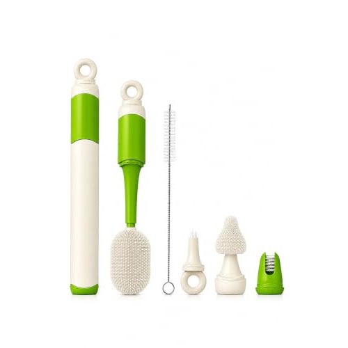 Baby Bottle Brush Set, 5 Cleaning Tools, Integrated Travel Storage, Green | Silicone bottle & nipple brushes with straw, detail & rim tools for sippy cups, pump parts and hard-to-reach areas