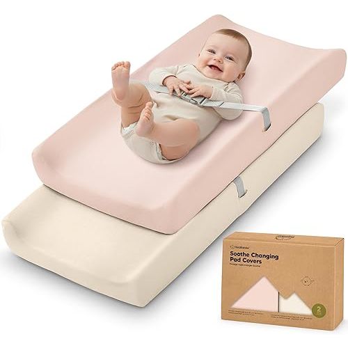 2-Pack Organic Changing Pad Covers for Girl, Boy, Neutral - 100% Cotton Changing Table Pad Cover, Soft Baby Nursery Diaper Changing Pad Sheets, Contour Changing Pads Liners, Change Pad Cover (Cameo)