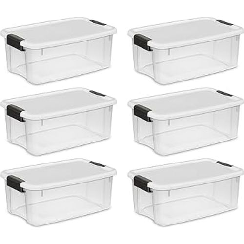 Sterilite 18 Qt Ultra Latch Box, Stackable Storage Bin with Lid, Plastic Container with Heavy Duty Latches to Organize, Clear and White Lid, 6-Pack