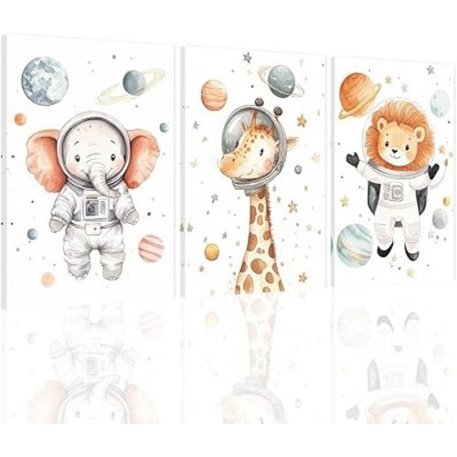 SWQYLB 3 Piece Space Wall Art for Kid Room Nursery Decor Lion Elephant Giraffe Picture Animal Astronauts Canvas Prints Toddler Boys Girls Room Decor Framed (11"x14"x3)