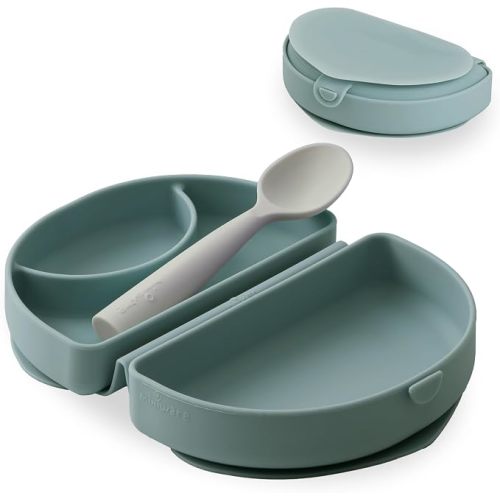 Miniware Fold & Scoop Baby Feeding Set - Silicone Travel Baby Plate With Suction & Baby Spoon - Compact, Portable, Dishwasher-Safe, Suction Base for Mess-Free Eating (Aquamarine and Aqua)