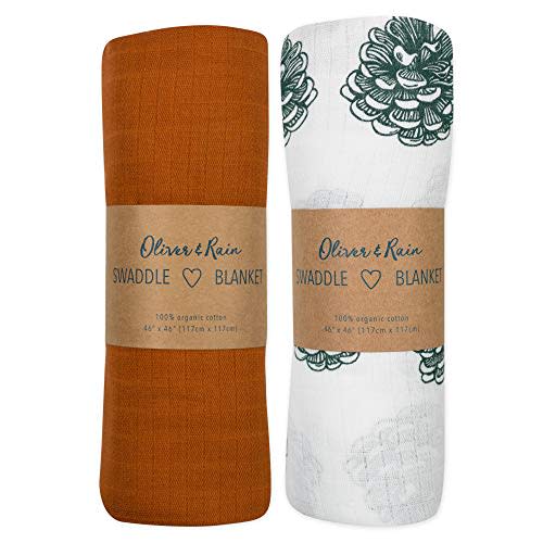 Muslin Swaddle Blanket Oliver & Rain, Newborn Baby Boy Girl, Pine Cone-Red 2 Pack