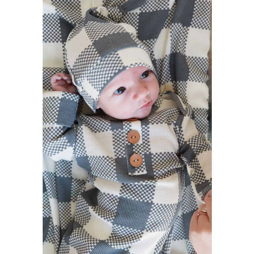 Big Check Bamboo Waffle Newborn Baby Knot Gown & Hat Set | Denim