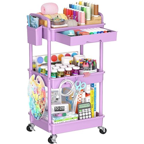 3 Tier Rolling Cart Organizer with Drawer, Bathroom Storage Carts with Wheels & Plastic Shelf, Mobile Storage Organizers for Kitchen, Office, Laundry Room, Baby, Snack, Craft, Makeup, Purple