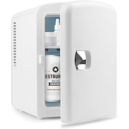 Personal Chiller Portable Mini Fridge Cooler and Warmer, 4 Liter Capacity Chills 6 Cans, Snacks, and Skincare Products, A/C Operation, 100% Freon-Free (White)