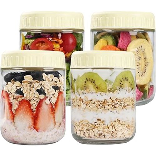 Overnight Oats Containers with Lids, 16oz Glass Jars with Lids 4 pcs, Milk White, Wide Mouth Mason jars for Salad, Yogurt, Snacks, Meal Prep